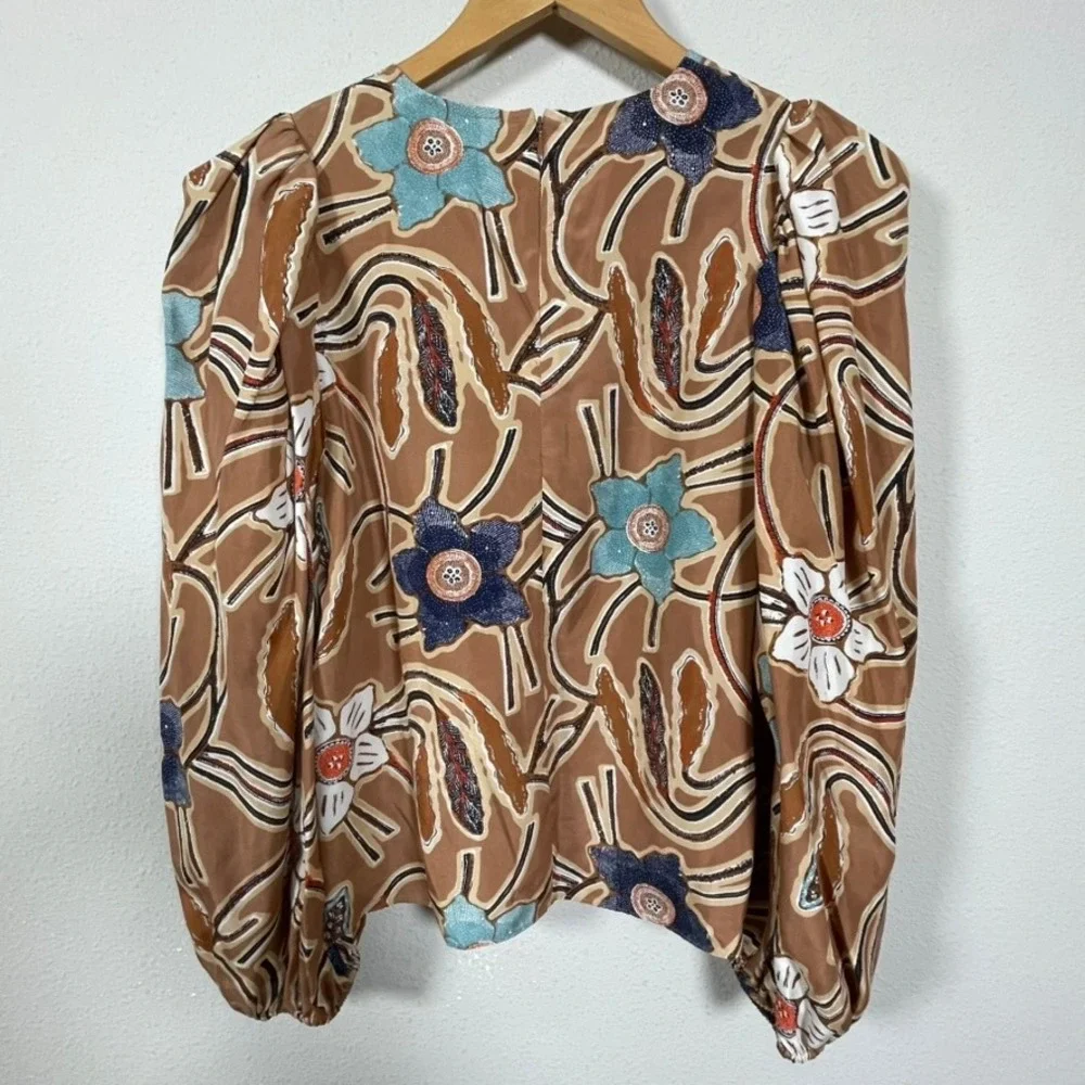 Ulla Johnson Silk Blouse 4 Brown Floral Puff Sleeve Boho Cottagecore Batik Top